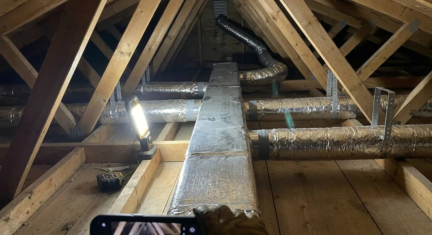 Neat rigid duct trunk with sealed takeoffs and supported flex runs in the same attic