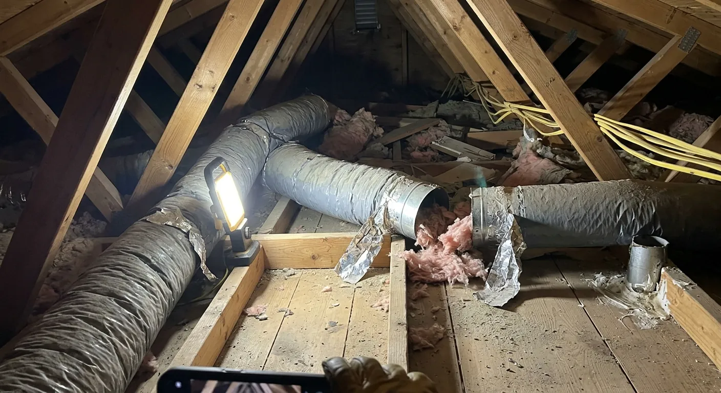 Tangled crushed flex ducts sagging across an attic floor