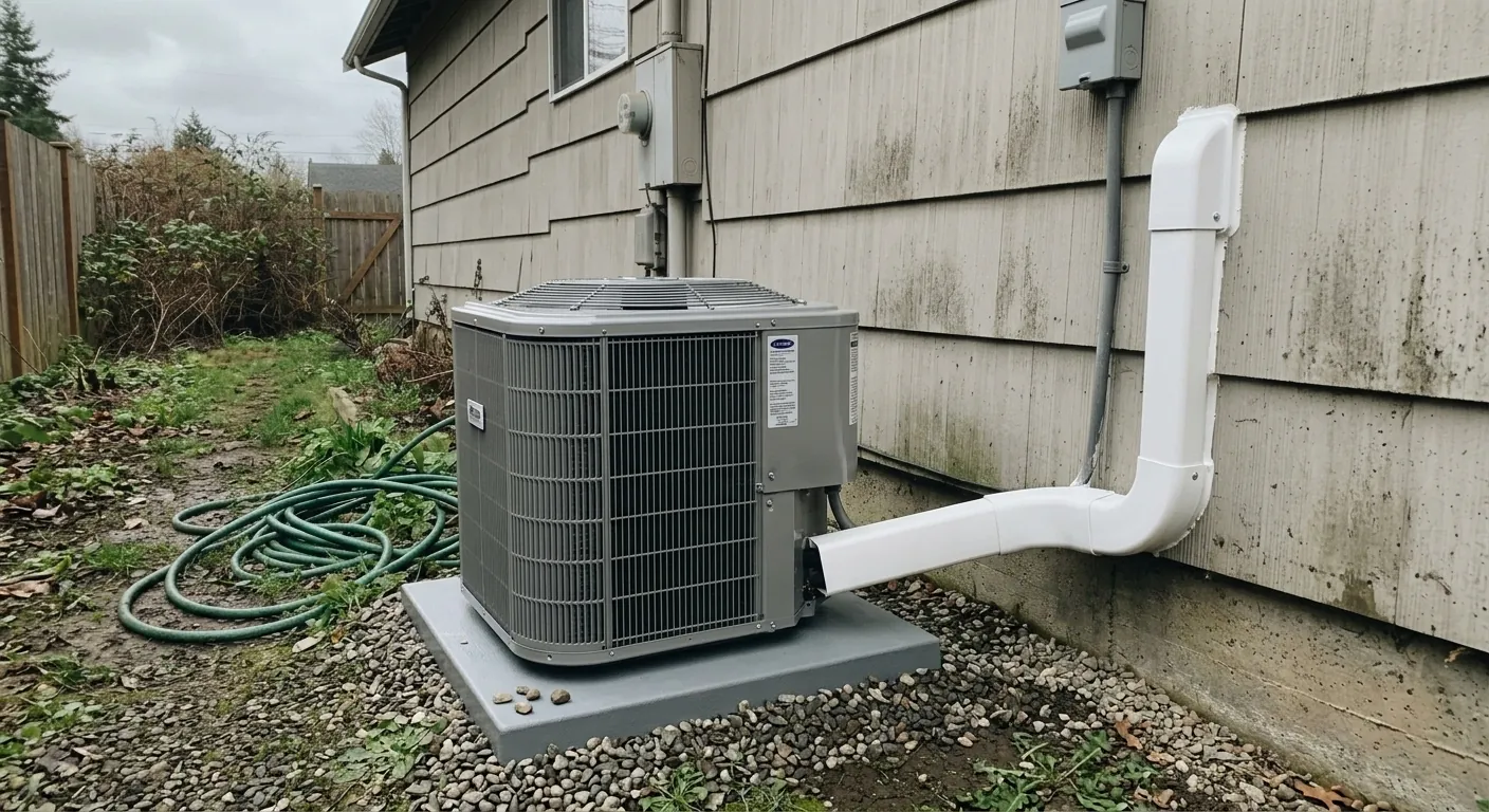 New heat pump condenser level on a composite pad with a clean lineset cover