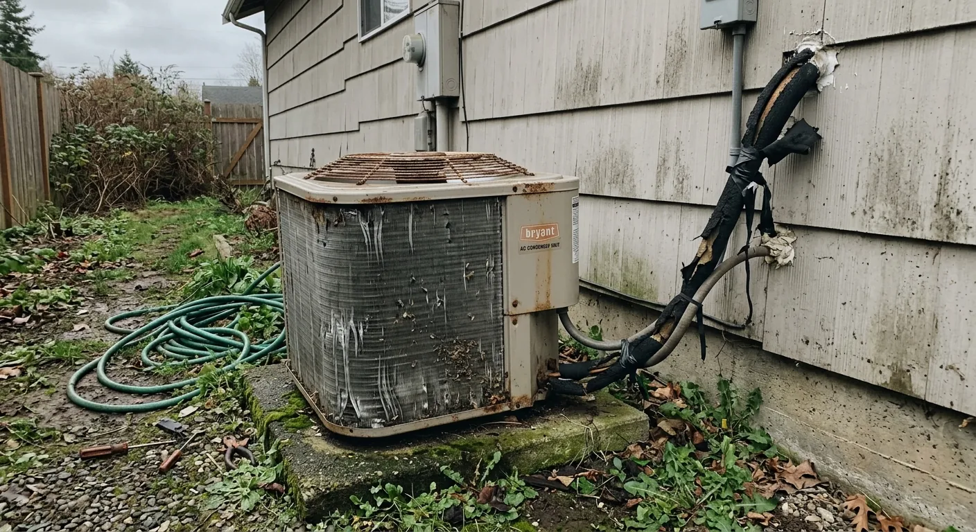 Rusty crooked AC condenser on a cracked pad surrounded by weeds