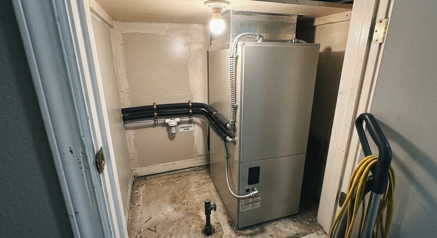New heat pump air handler cleanly installed in the same closet with tidy insulated lines
