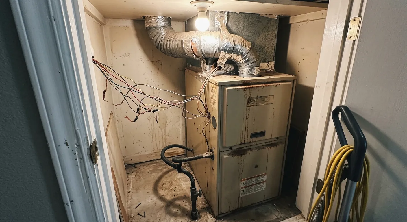 Aged rusty gas furnace in a cramped hallway closet with tangled wiring