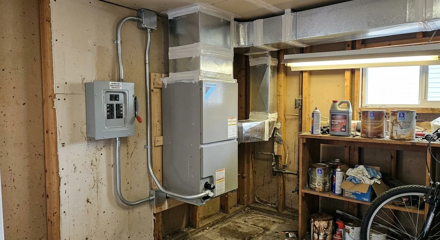 New wall-hung air handler with tidy conduit and sealed ducts on the same garage wall