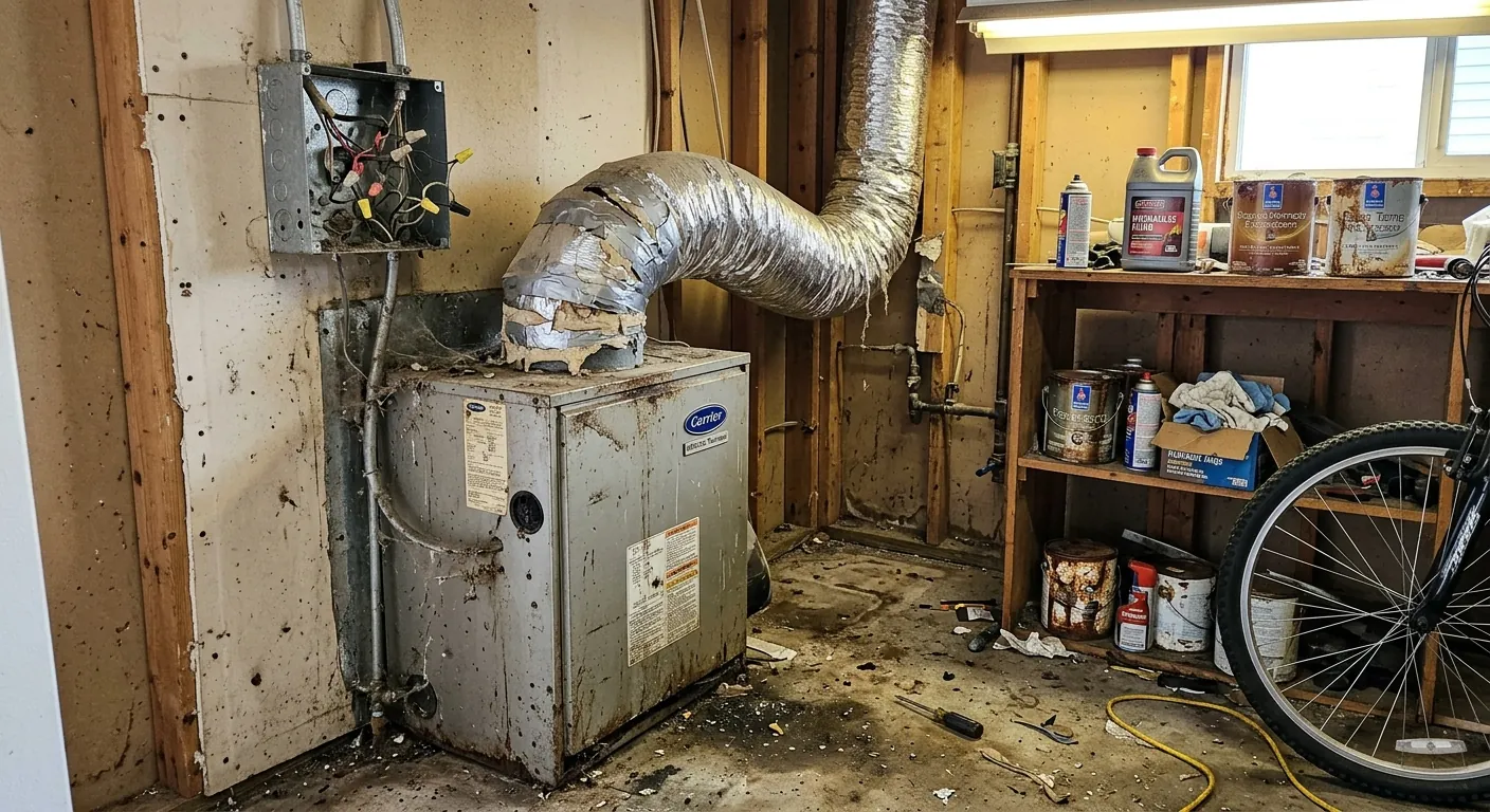 Old dented electric furnace with exposed wiring on a garage wall