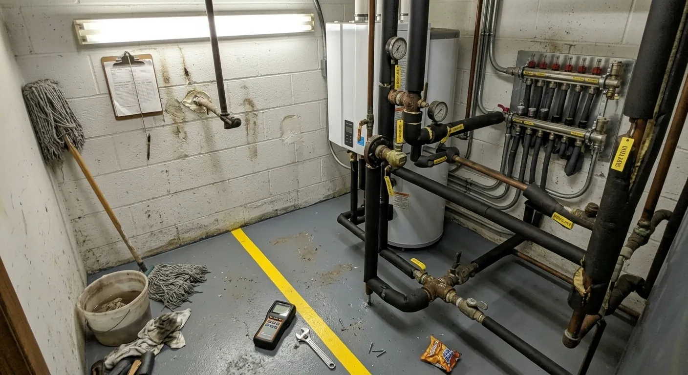 Modern compact mechanical system with labeled piping and a painted floor in the same room