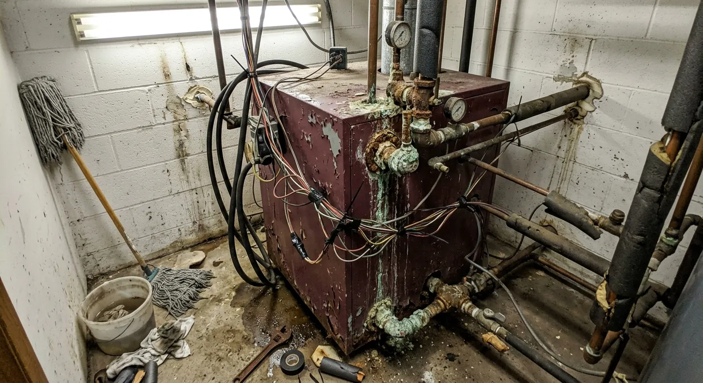 Old boiler with corroded pipes and clutter in a dim mechanical room