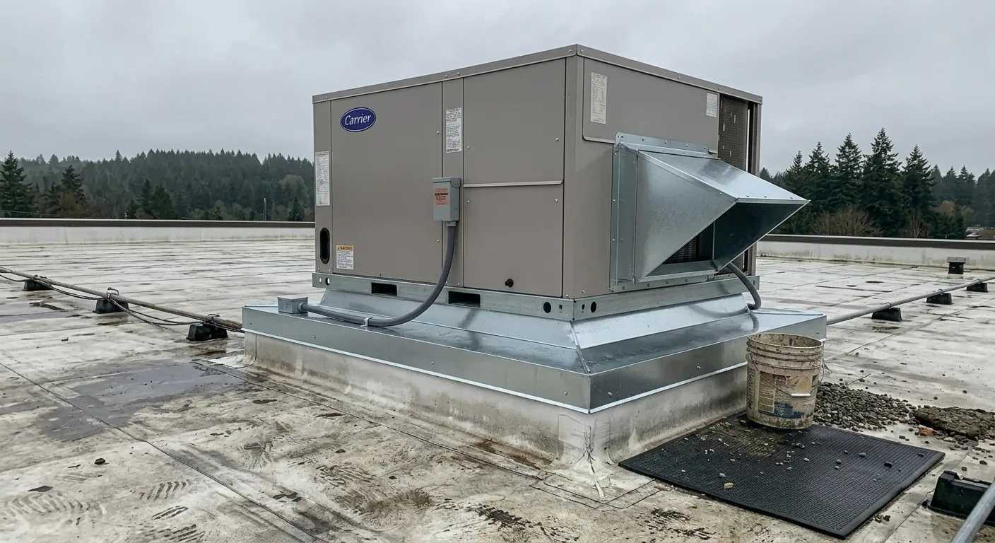 Factory-new rooftop unit on a clean insulated curb with sealed ductwork