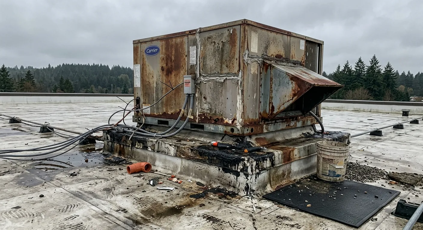 Heavily rusted rooftop HVAC unit with patched curb flashing