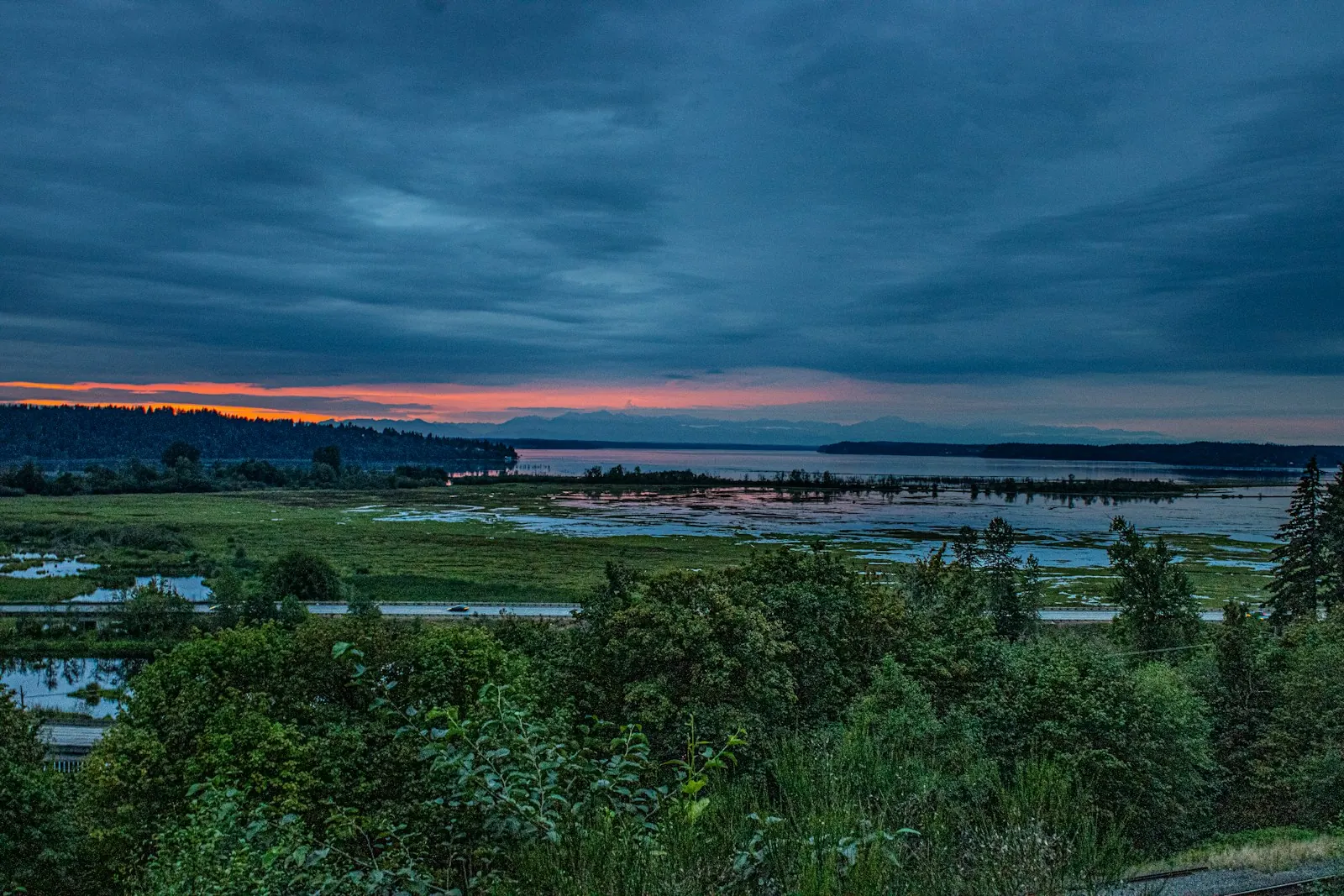 Dusk over the Snohomish River estuary looking toward Port Gardner Bay and Everett