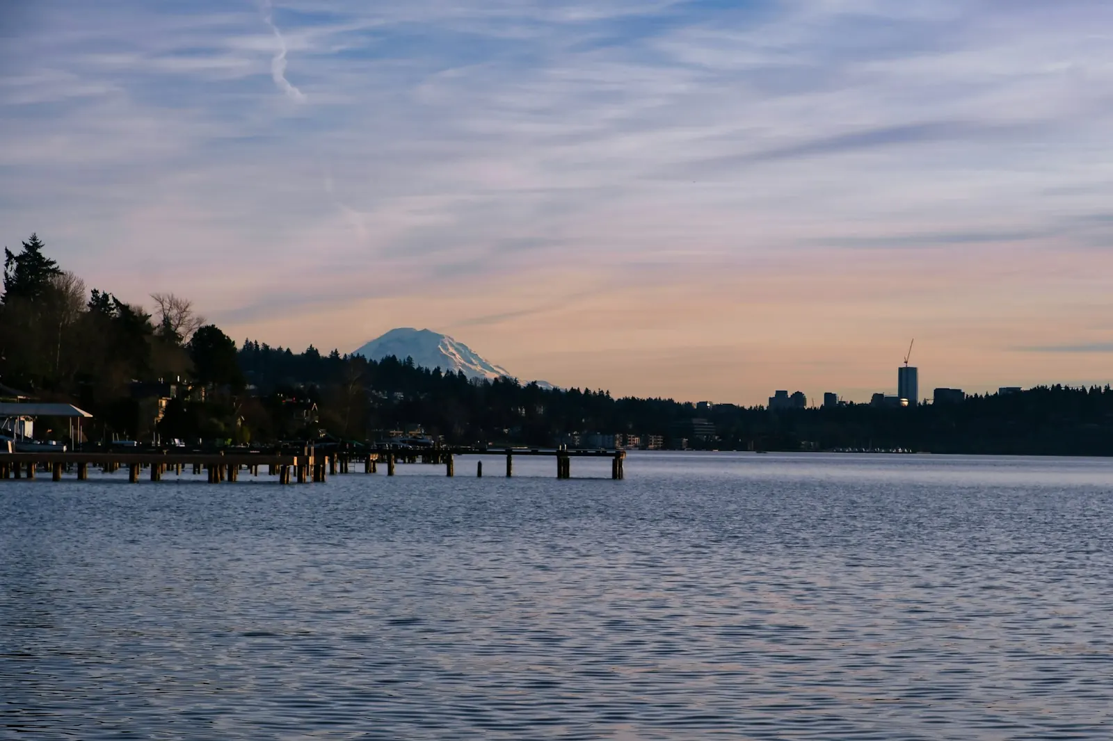 Dusk over a quiet lake and dock in south Snohomish County