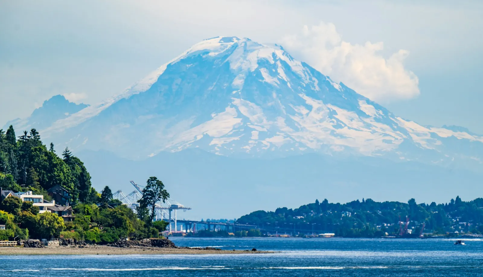 Mount Rainier rising over Commencement Bay and the Tacoma waterfront