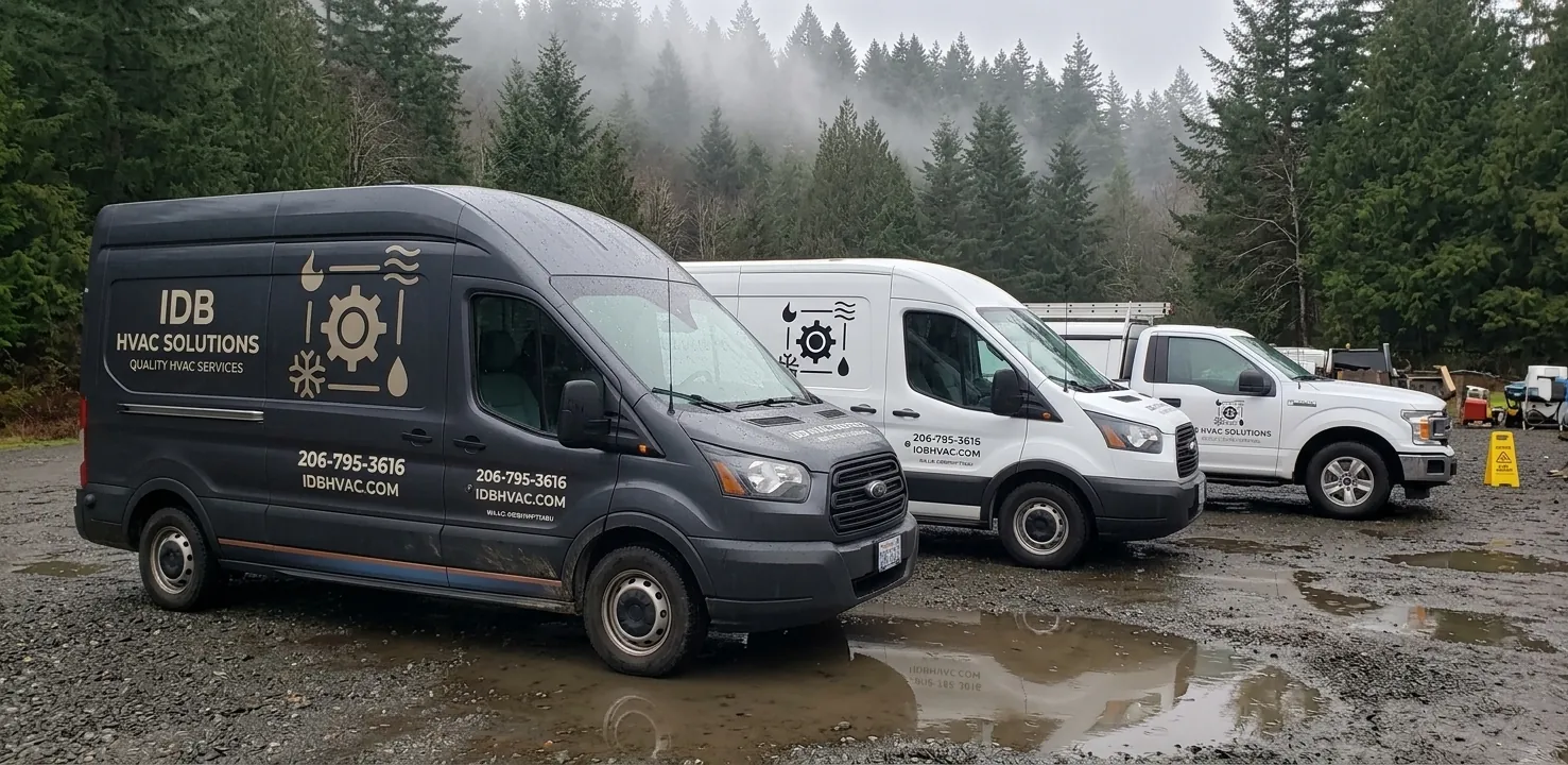 The IDB HVAC Solutions fleet — fully wrapped and lettered service vans and truck lined up at the yard